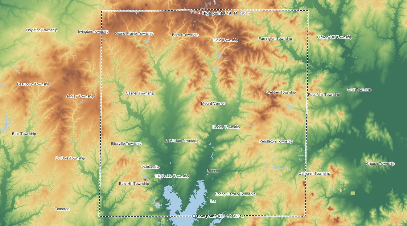 Topographic elevation map of Jefferson County, Illinois, shaded from 410 ft on the south side to 640 ft on the north side