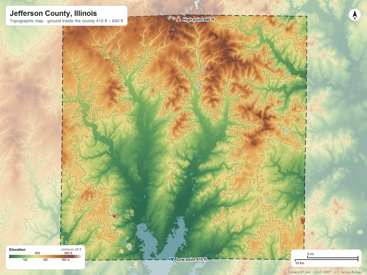 Topographic elevation map of Jefferson County, Illinois, shaded from 410 ft on the south side to 640 ft on the north side