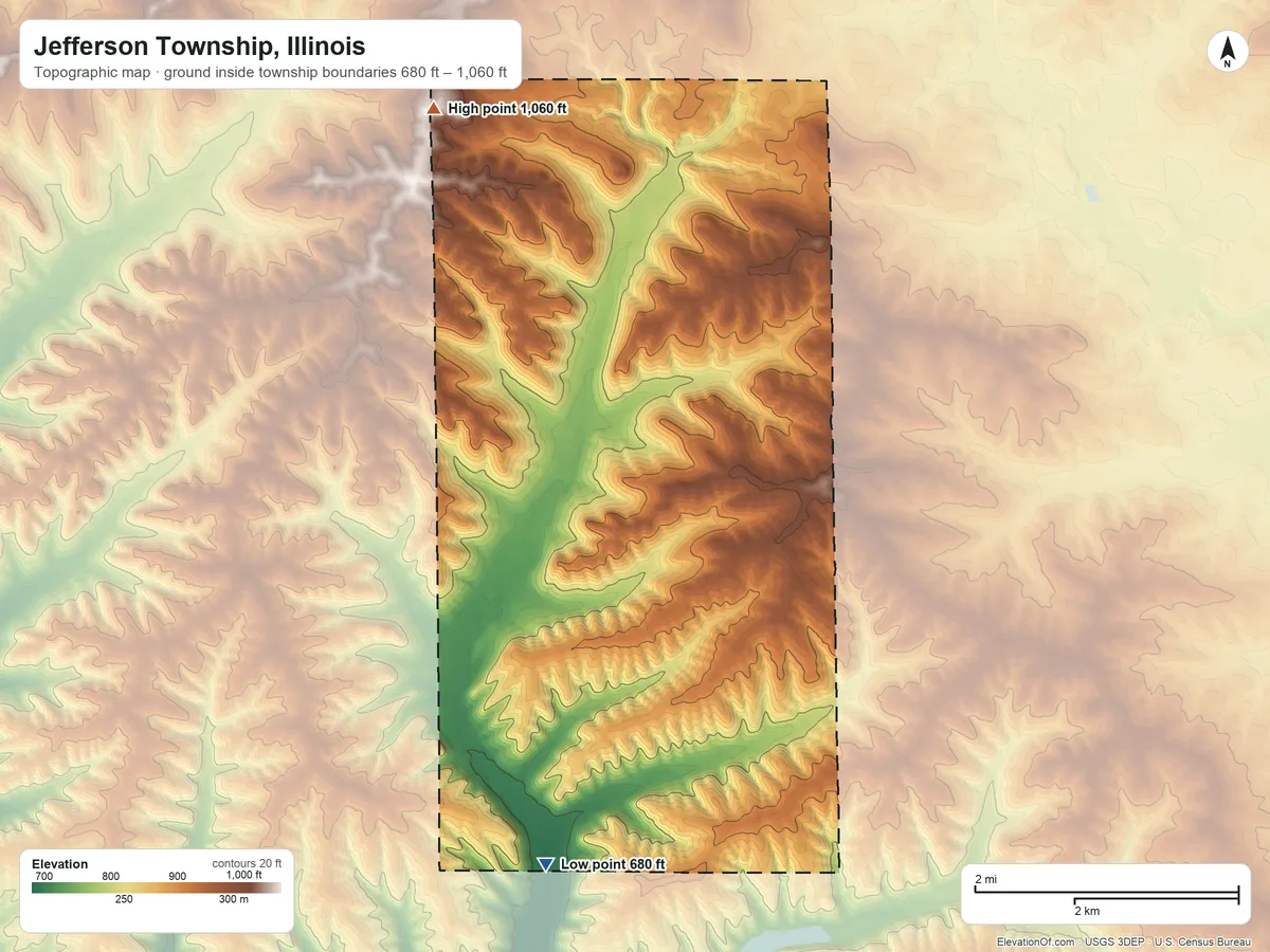 Topographic elevation map of Jefferson Township, Illinois, shaded from 680 ft on the south side to 1,060 ft on the north side