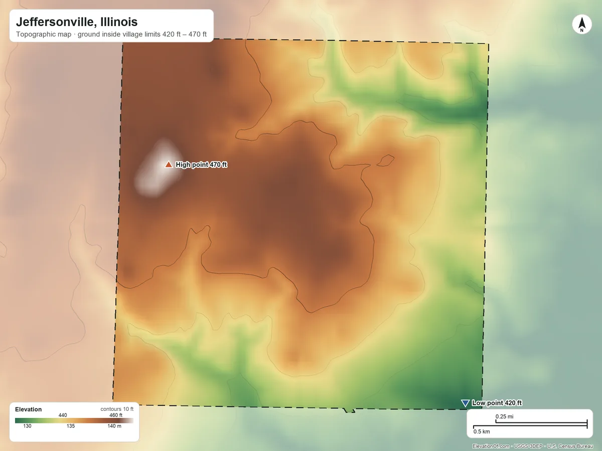 Topographic elevation map of Jeffersonville, Illinois, shaded from 420 ft on the southeast side to 470 ft on the west side