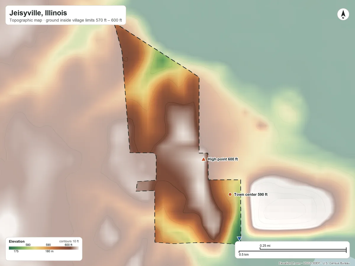 Topographic elevation map of Jeisyville, Illinois, shaded from 570 ft on the south side to 600 ft on the northwest side
