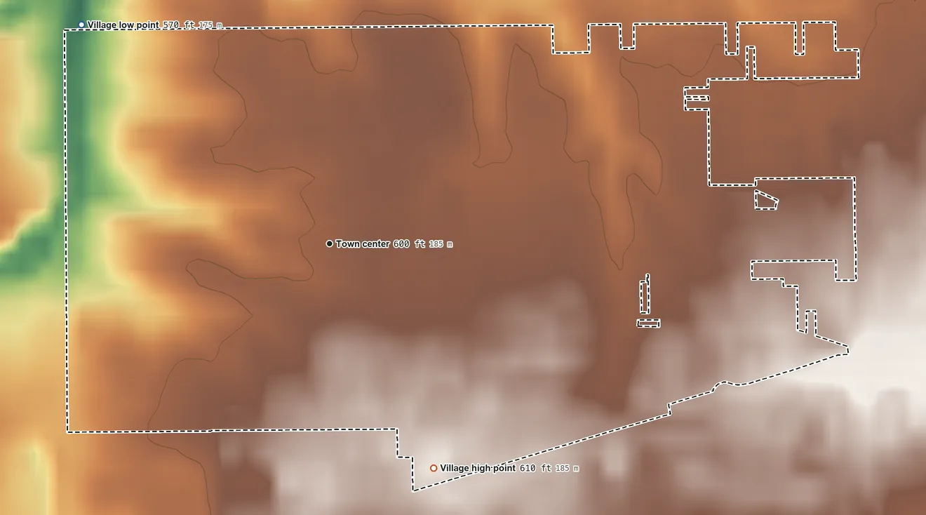 Topographic elevation map of Jerome, Illinois, shaded from 570 ft on the northwest side to 610 ft on the southeast side