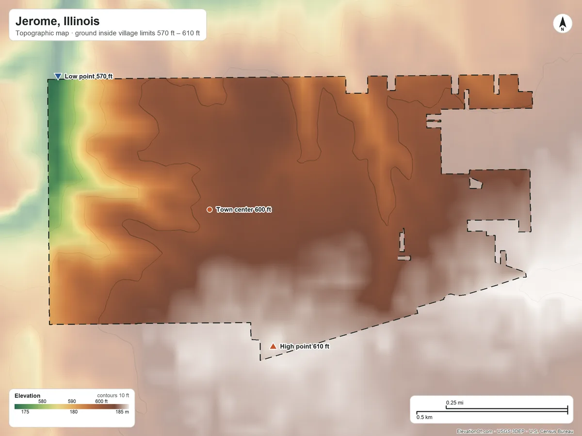 Topographic elevation map of Jerome, Illinois, shaded from 570 ft on the northwest side to 610 ft on the southeast side
