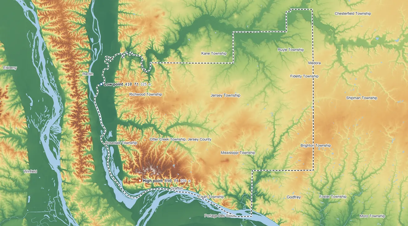 Topographic elevation map of Jersey County, Illinois, shaded from 410 ft on the west side to 890 ft on Tucker Knob
