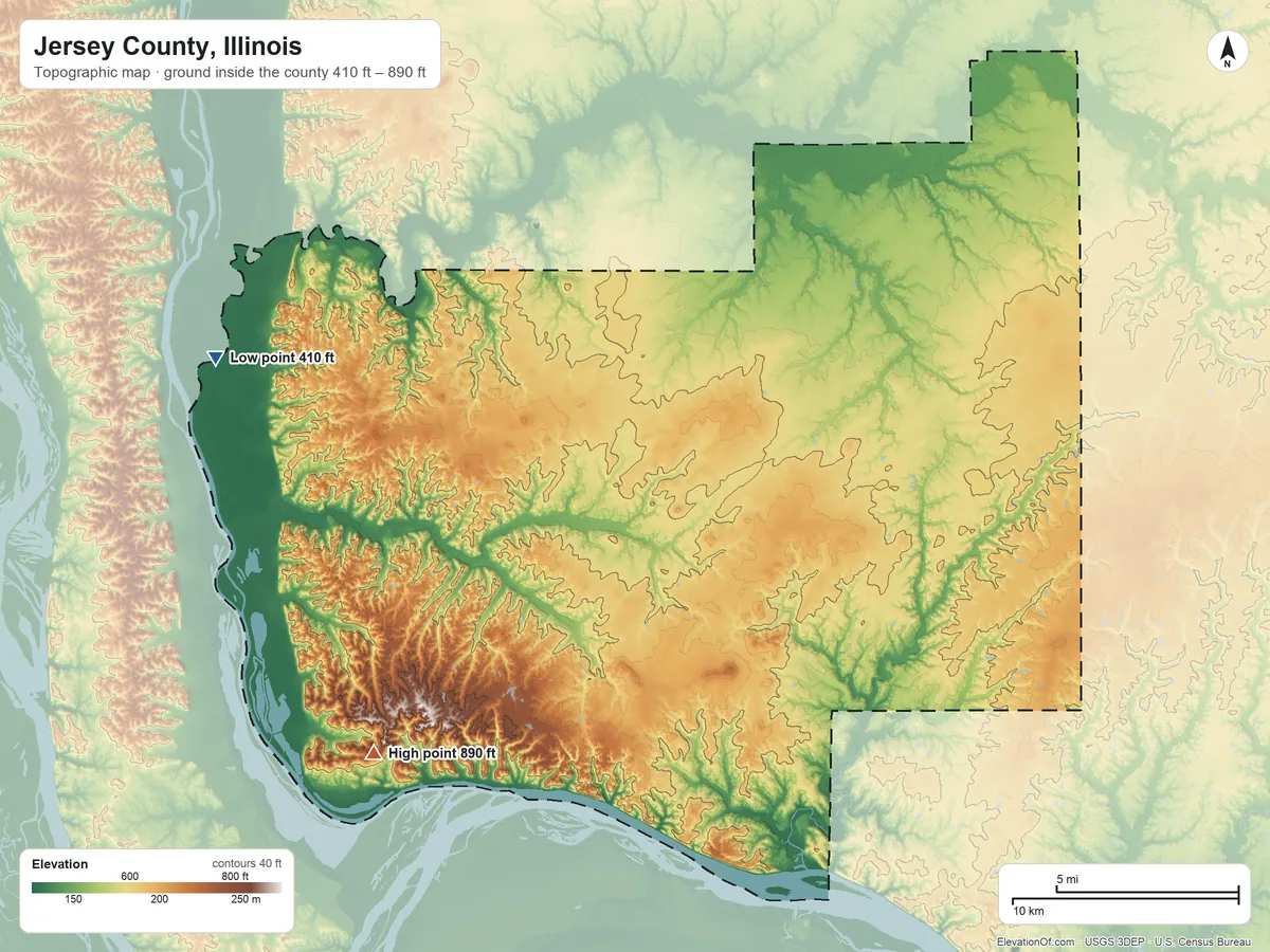 Topographic elevation map of Jersey County, Illinois, shaded from 410 ft on the west side to 890 ft on Tucker Knob