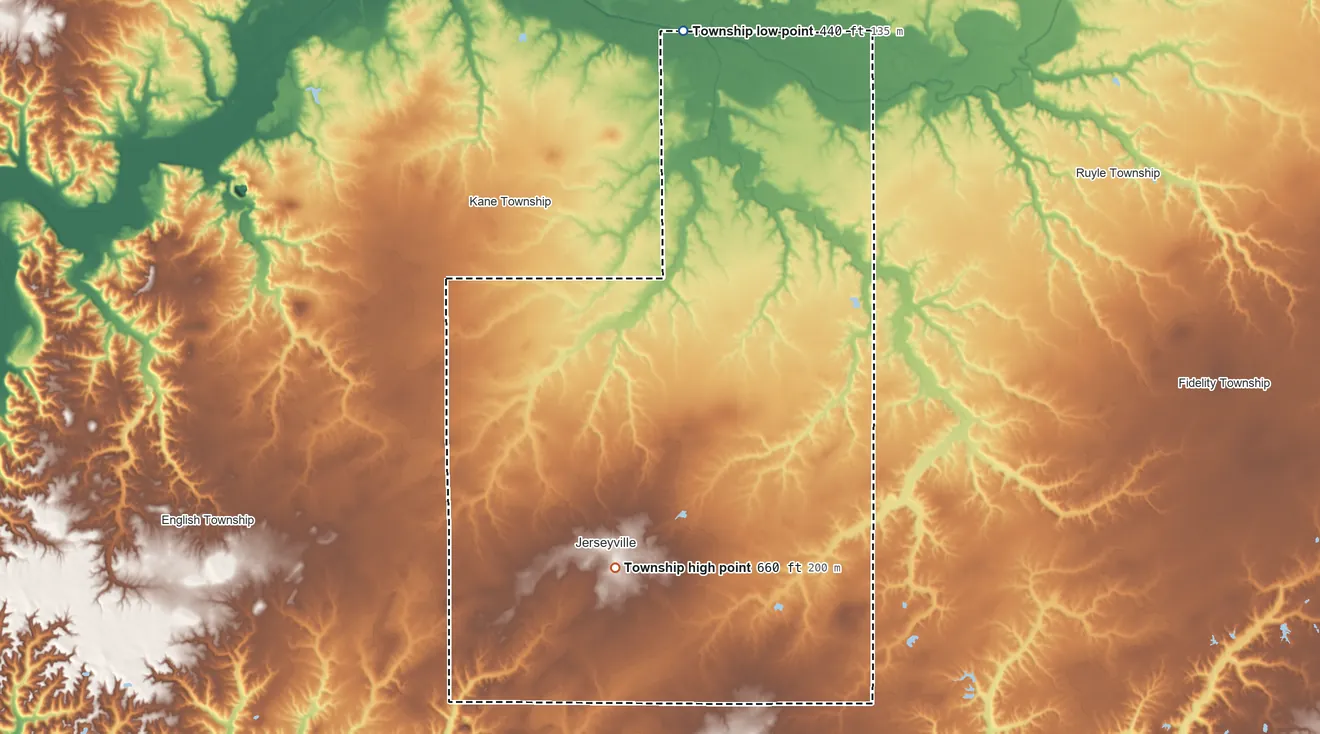 Topographic elevation map of Jersey Township, Illinois, shaded from 440 ft on the north side to 660 ft near the middle