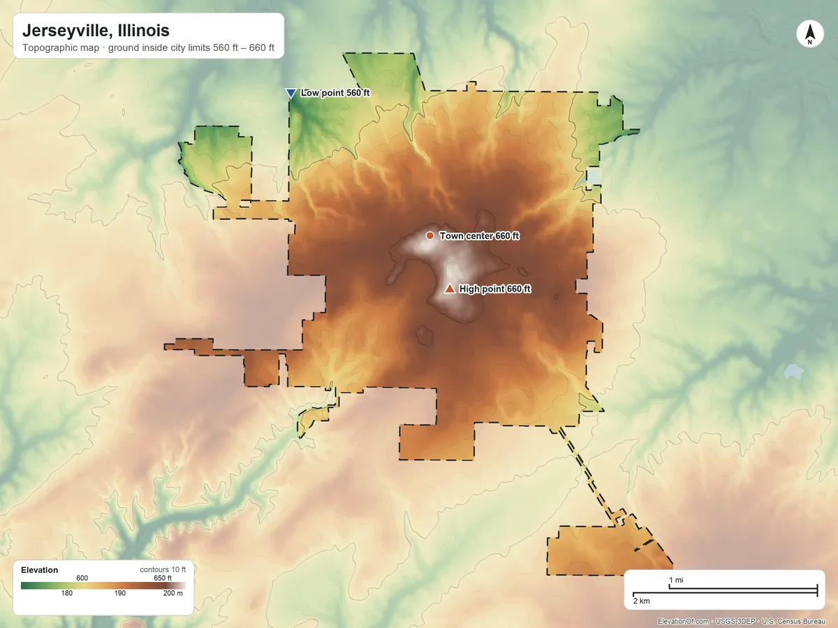 Topographic elevation map of Jerseyville, Illinois, shaded from 560 ft on the northwest side to 660 ft near the middle