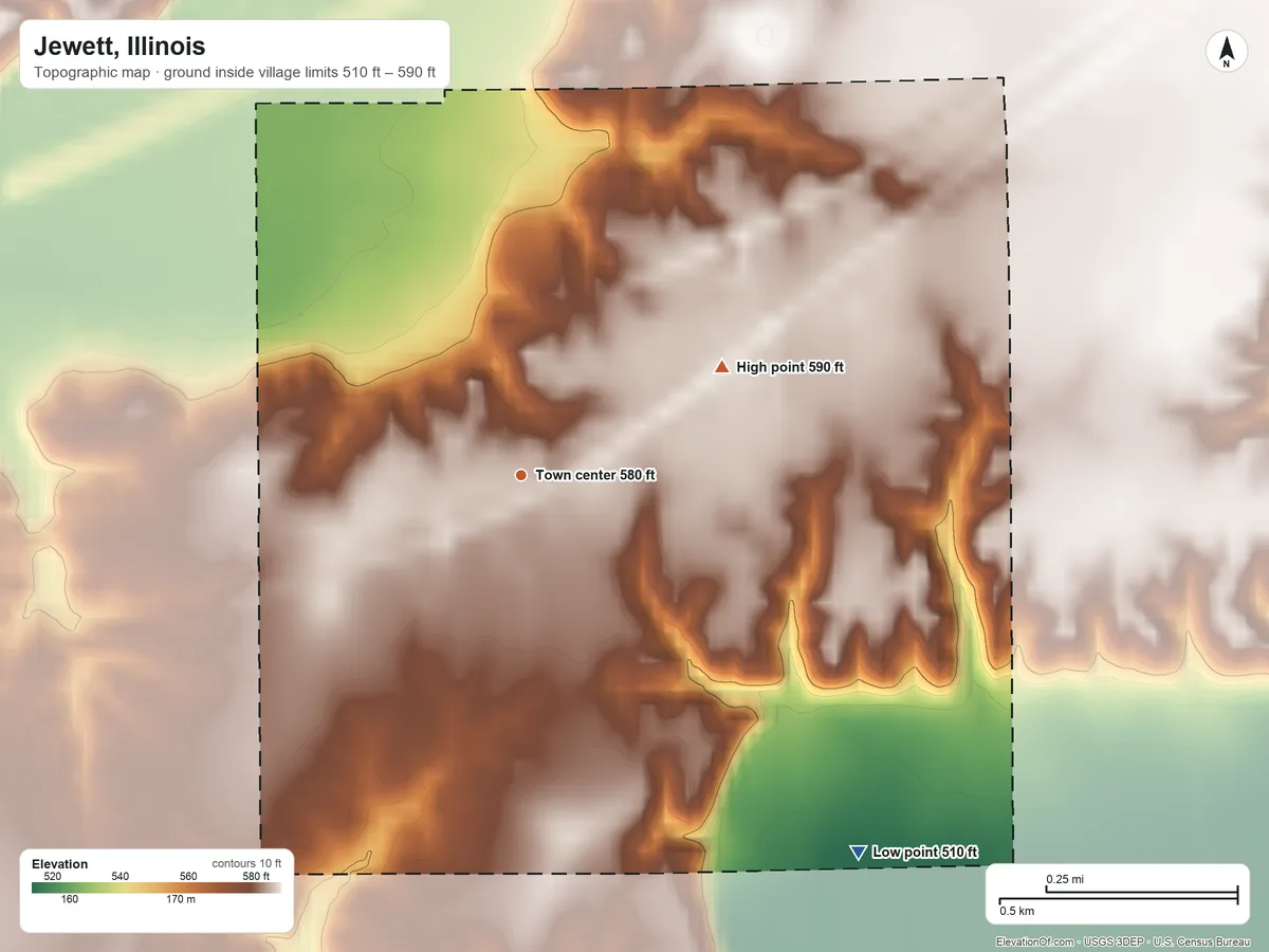 Topographic elevation map of Jewett, Illinois, shaded from 510 ft on the southeast side to 590 ft on the northeast side
