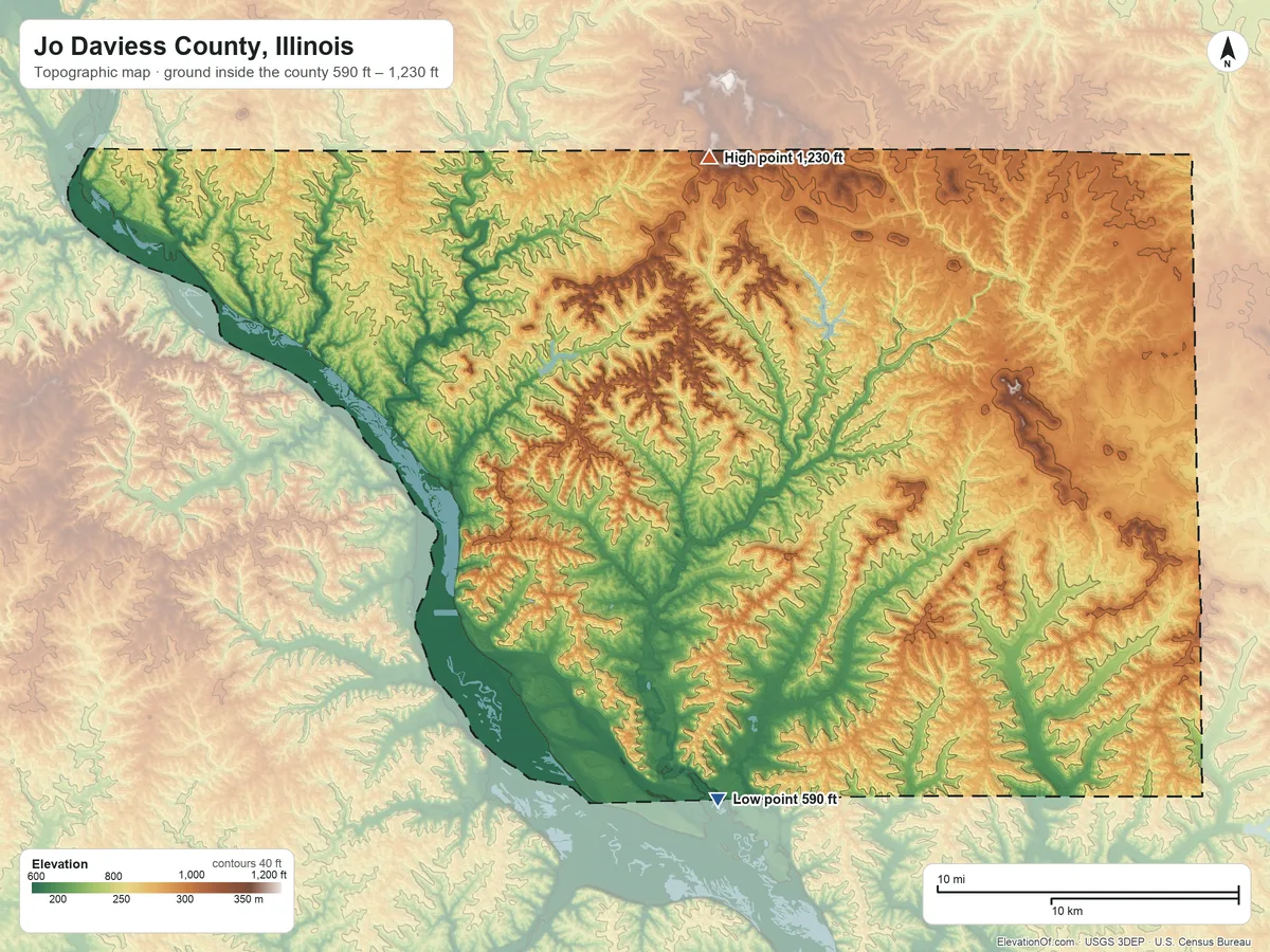 Topographic elevation map of Jo Daviess County, Illinois, shaded from 590 ft on the south side to 1,230 ft on Charles Mound