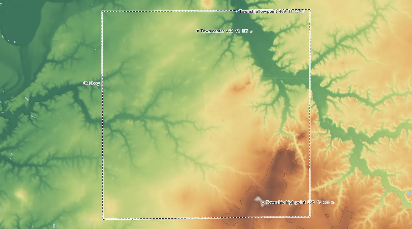 Topographic elevation map of Johannisburg Township, Illinois, shaded from 400 ft on the northeast side to 550 ft on the south side