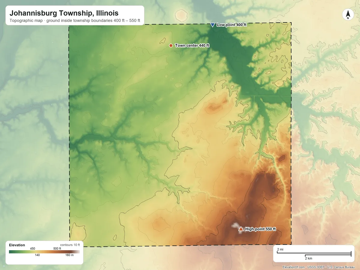 Topographic elevation map of Johannisburg Township, Illinois, shaded from 400 ft on the northeast side to 550 ft on the south side