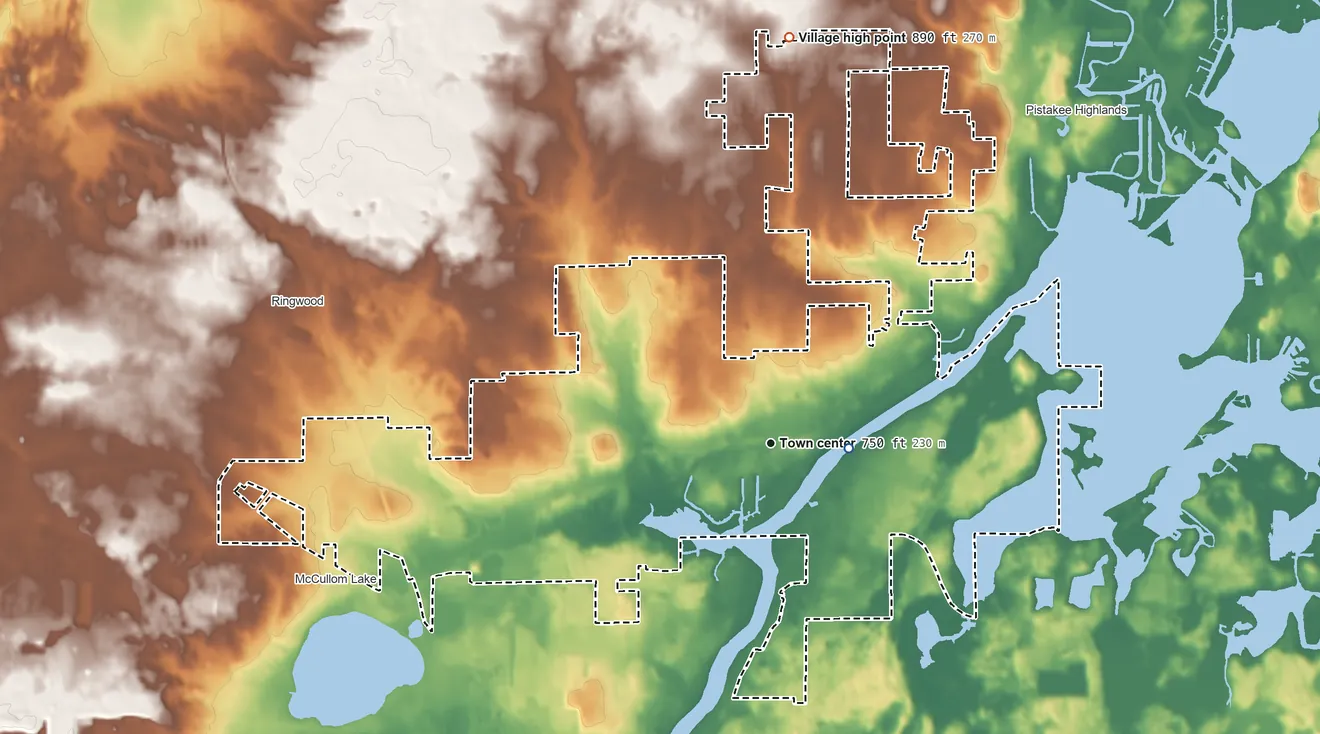 Topographic elevation map of Johnsburg, Illinois, shaded from 740 ft near the middle to 890 ft on the north side