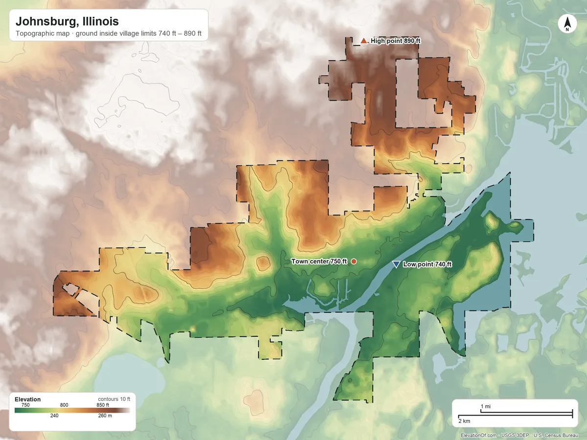 Topographic elevation map of Johnsburg, Illinois, shaded from 740 ft near the middle to 890 ft on the north side