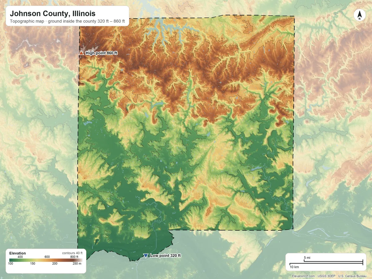 Topographic elevation map of Johnson County, Illinois, shaded from 320 ft on the south side to 860 ft on the northwest side