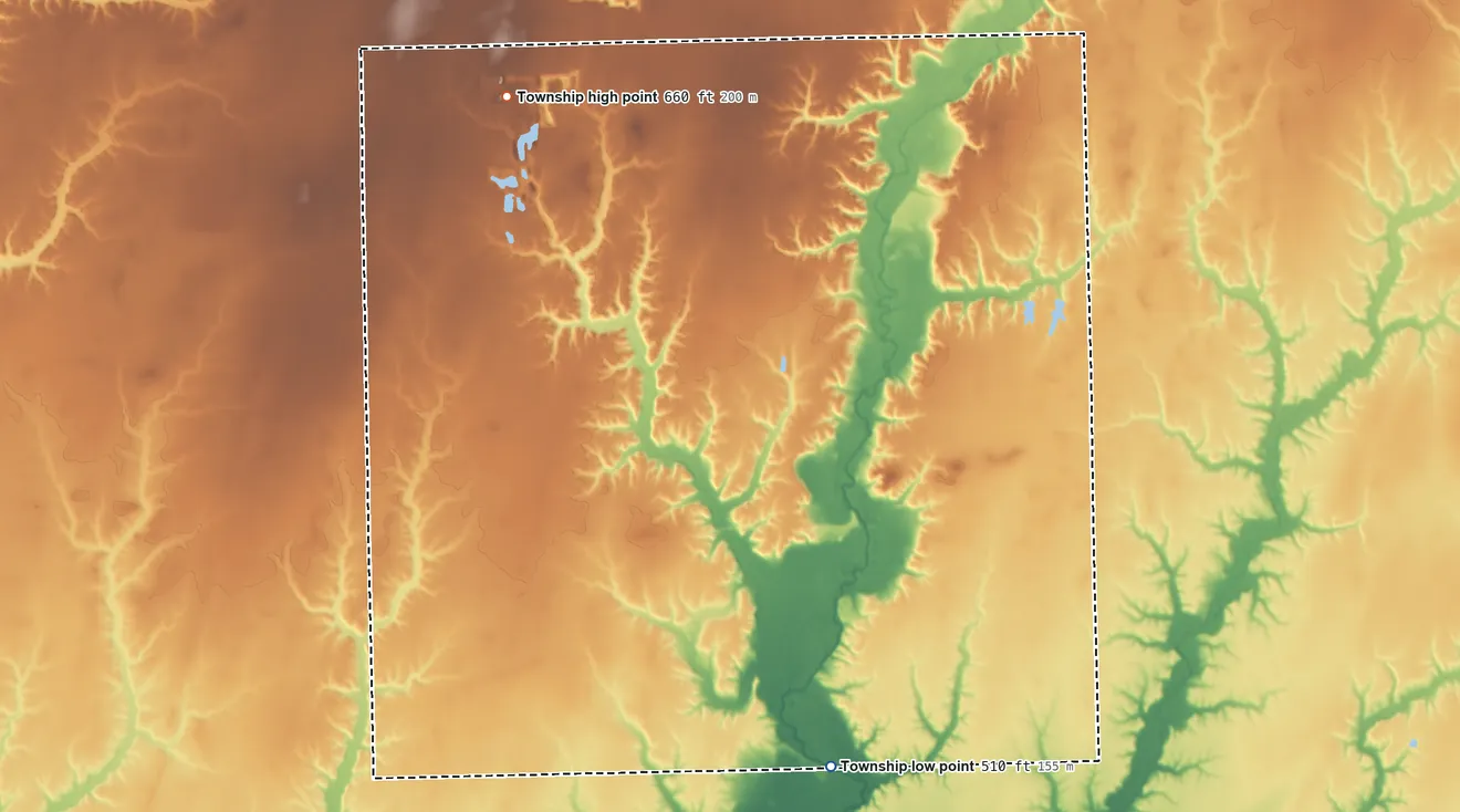 Topographic elevation map of Johnson Township, Clark County, Illinois, shaded from 510 ft on the south side to 660 ft on the northwest side