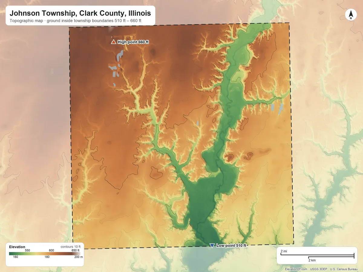 Topographic elevation map of Johnson Township, Clark County, Illinois, shaded from 510 ft on the south side to 660 ft on the northwest side