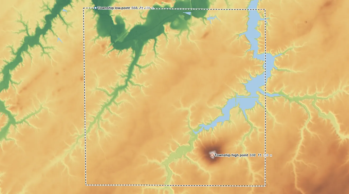 Topographic elevation map of Johnson Township, Illinois, shaded from 560 ft on the northwest side to 690 ft on the south side