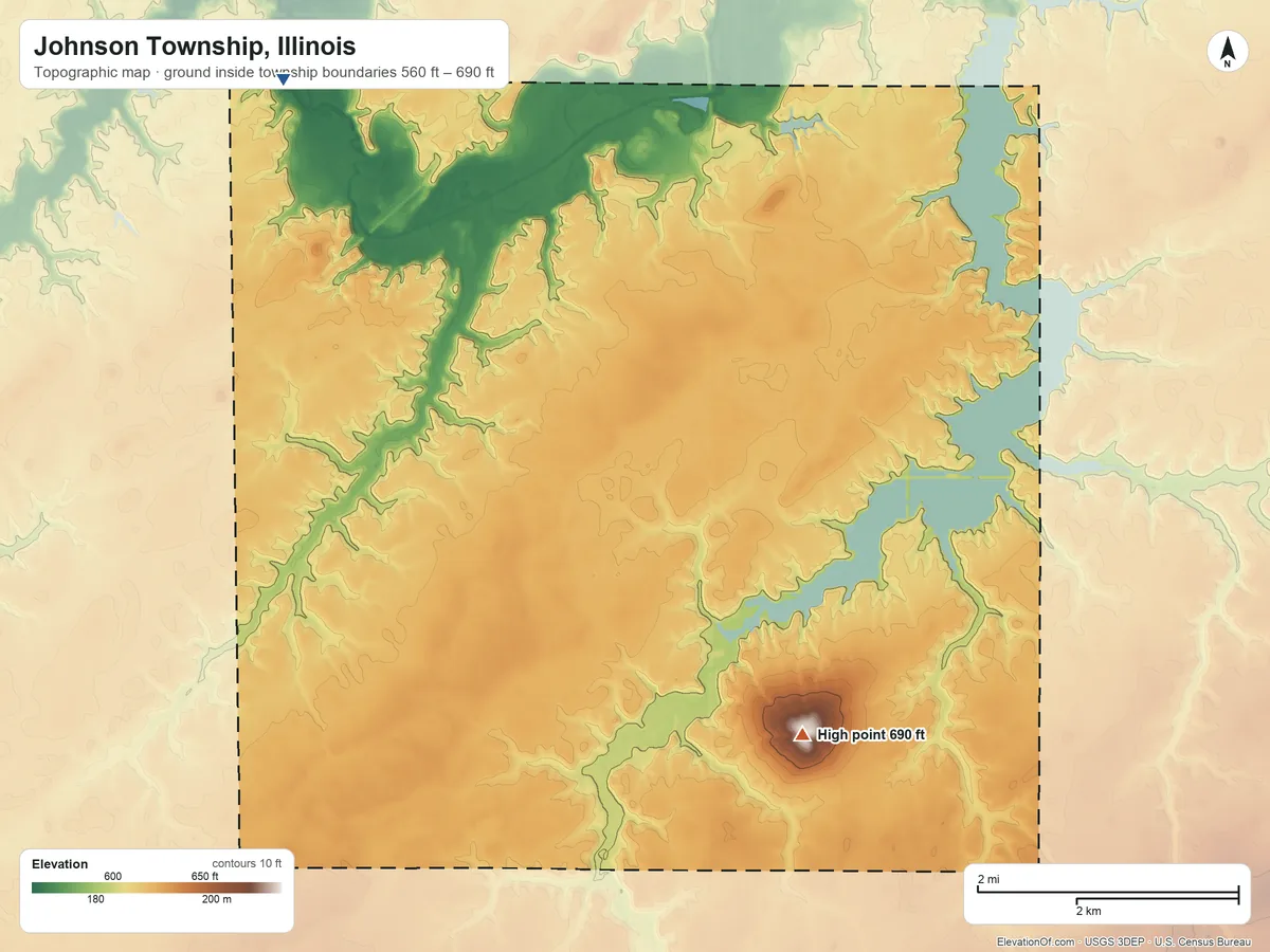 Topographic elevation map of Johnson Township, Illinois, shaded from 560 ft on the northwest side to 690 ft on the south side