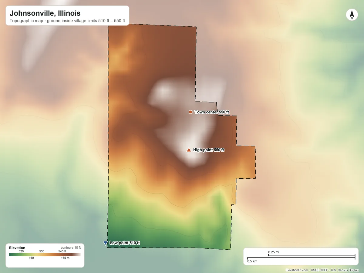 Topographic elevation map of Johnsonville, Illinois, shaded from 510 ft on the southwest side to 550 ft on the south side