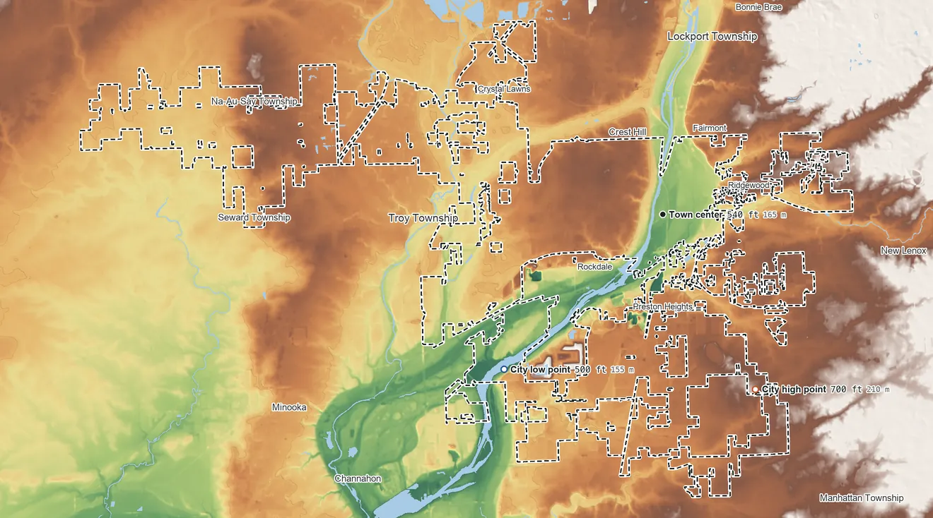 Topographic elevation map of Joliet, Illinois, shaded from 500 ft on the southwest side to 700 ft on the southeast side