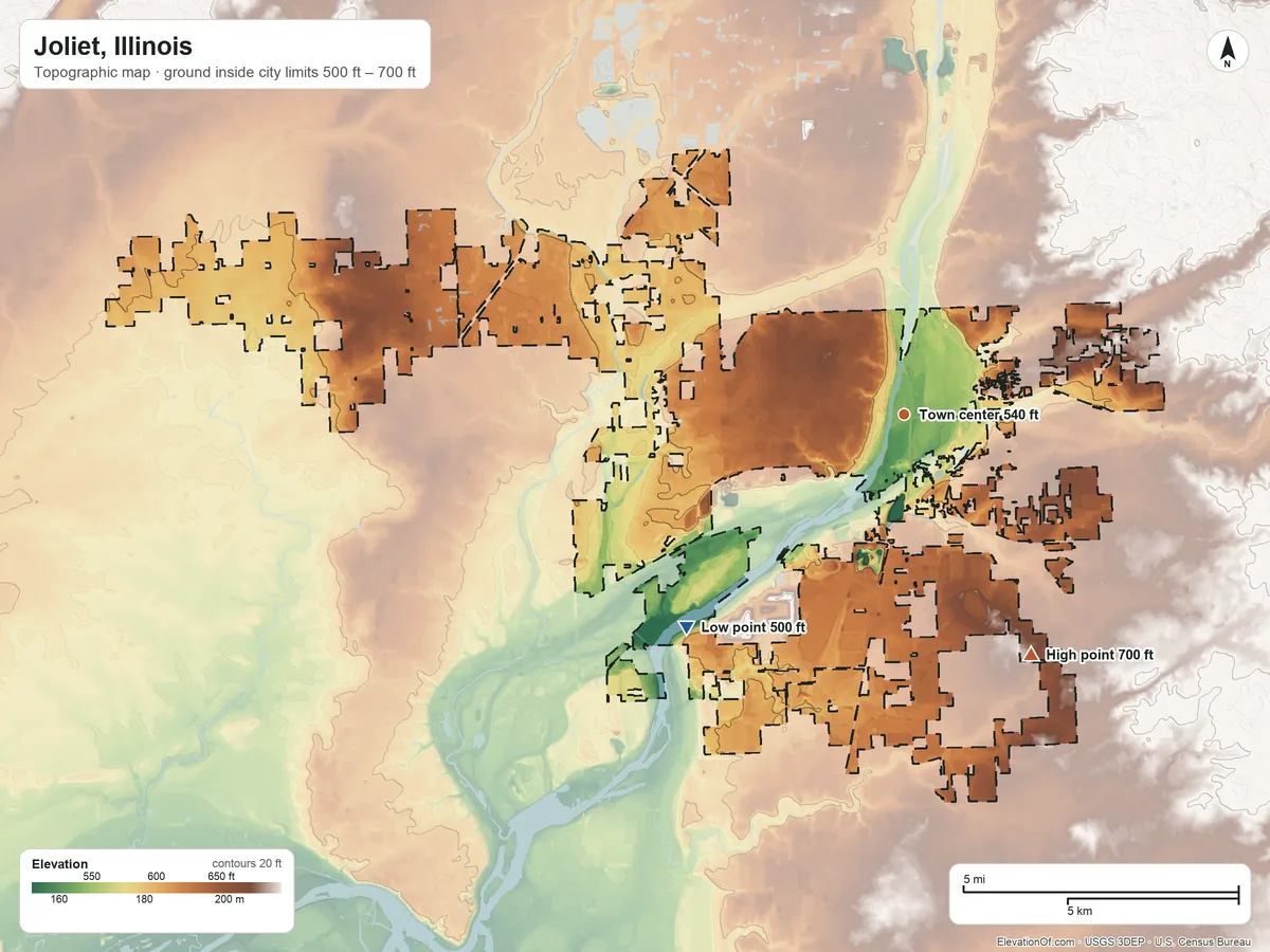 Topographic elevation map of Joliet, Illinois, shaded from 500 ft on the southwest side to 700 ft on the southeast side