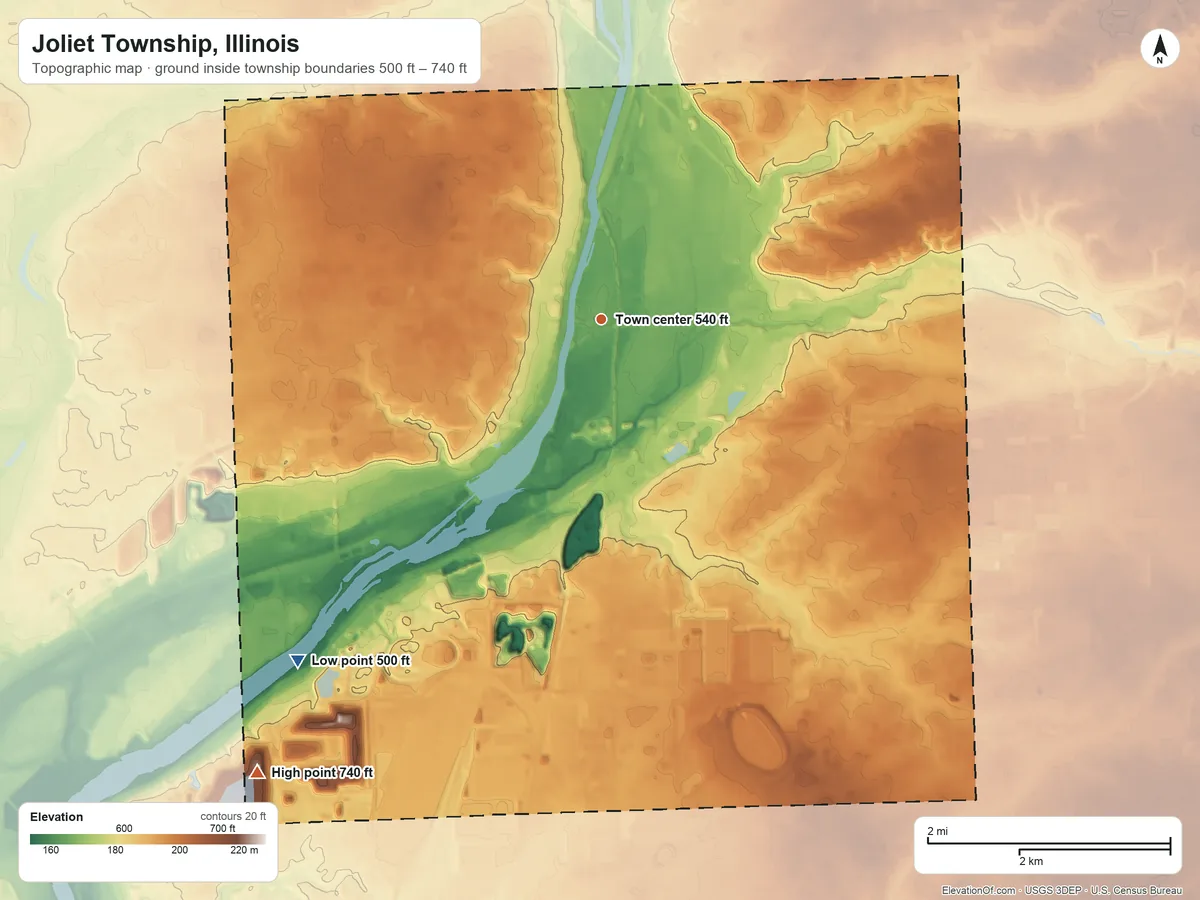 Topographic elevation map of Joliet Township, Illinois, shaded from 500 ft on the southwest side to 740 ft on the southwest side