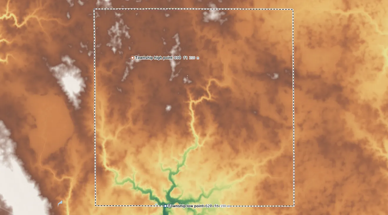 Topographic elevation map of Jonathan Creek Township, Illinois, shaded from 620 ft on the south side to 690 ft on the northwest side