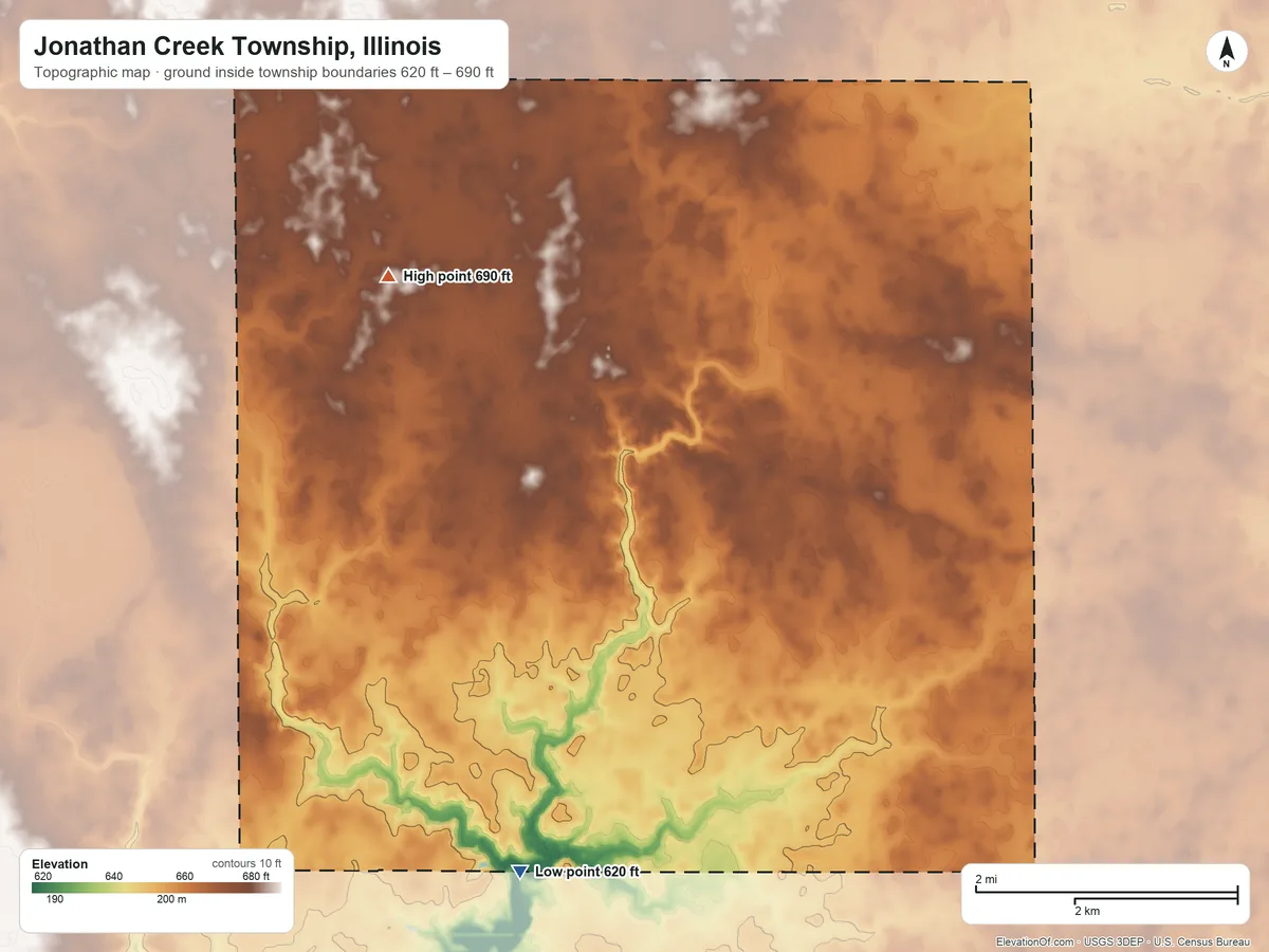 Topographic elevation map of Jonathan Creek Township, Illinois, shaded from 620 ft on the south side to 690 ft on the northwest side