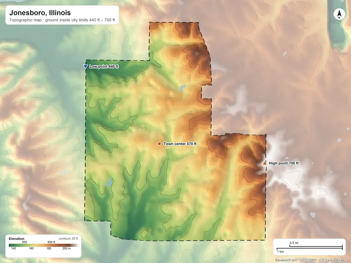 Topographic elevation map of Jonesboro, Illinois, shaded from 440 ft on the northwest side to 700 ft on the east side