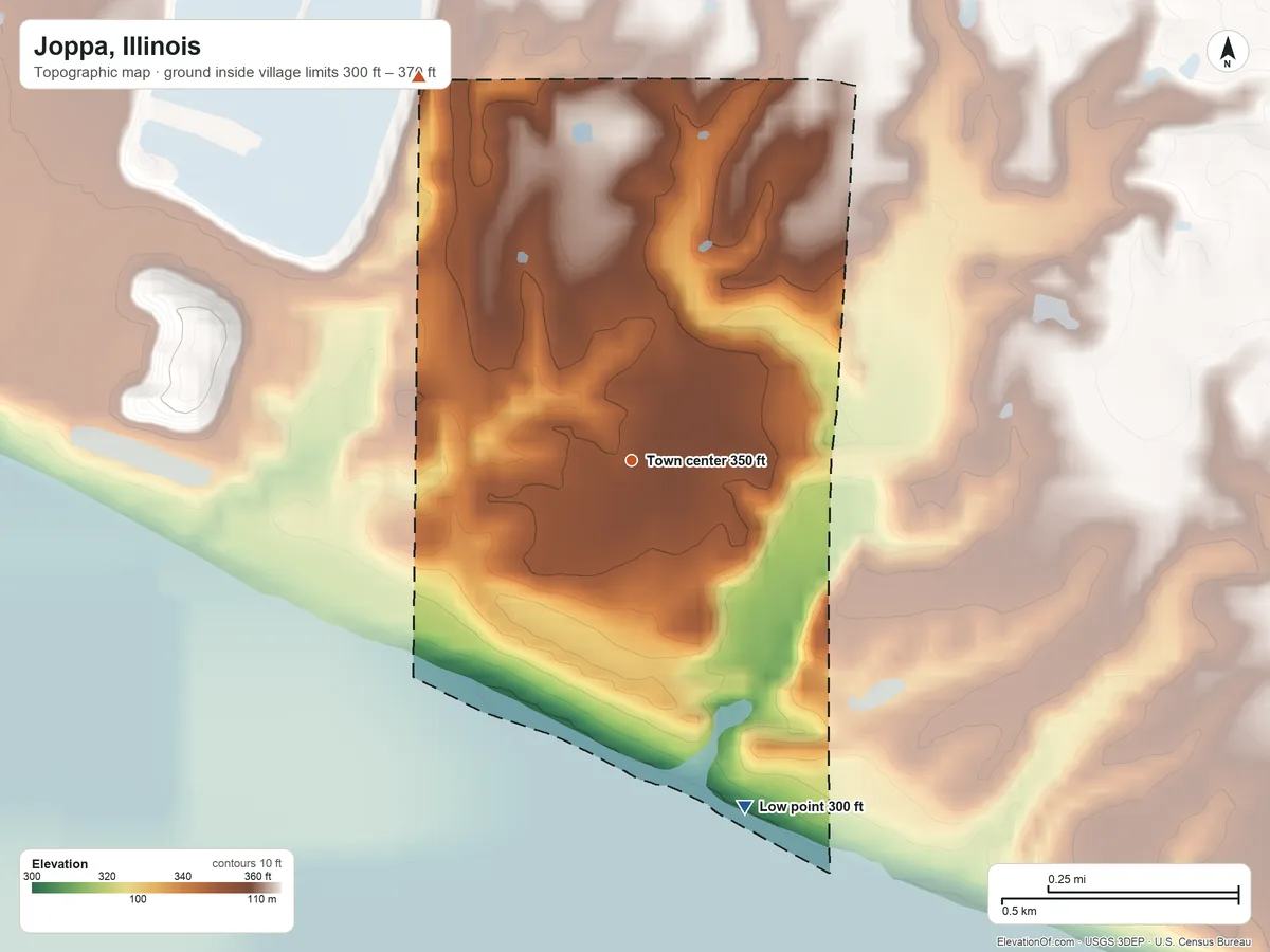 Topographic elevation map of Joppa, Illinois, shaded from 300 ft on the south side to 370 ft on the northwest side