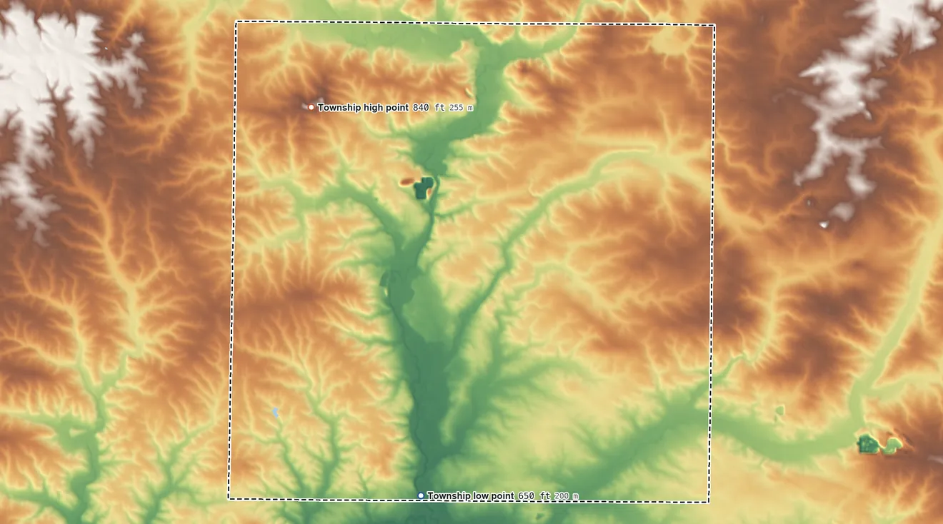 Topographic elevation map of Jordan Township, Illinois, shaded from 650 ft on the south side to 840 ft on the northwest side