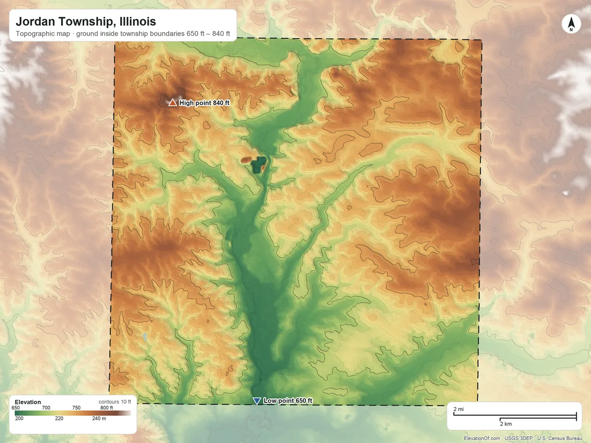 Topographic elevation map of Jordan Township, Illinois, shaded from 650 ft on the south side to 840 ft on the northwest side