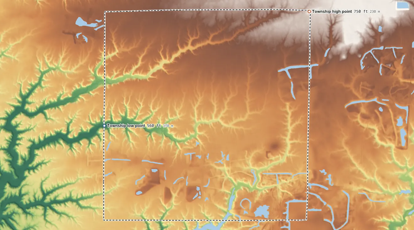 Topographic elevation map of Joshua Township, Illinois, shaded from 560 ft on the west side to 750 ft on the northeast side