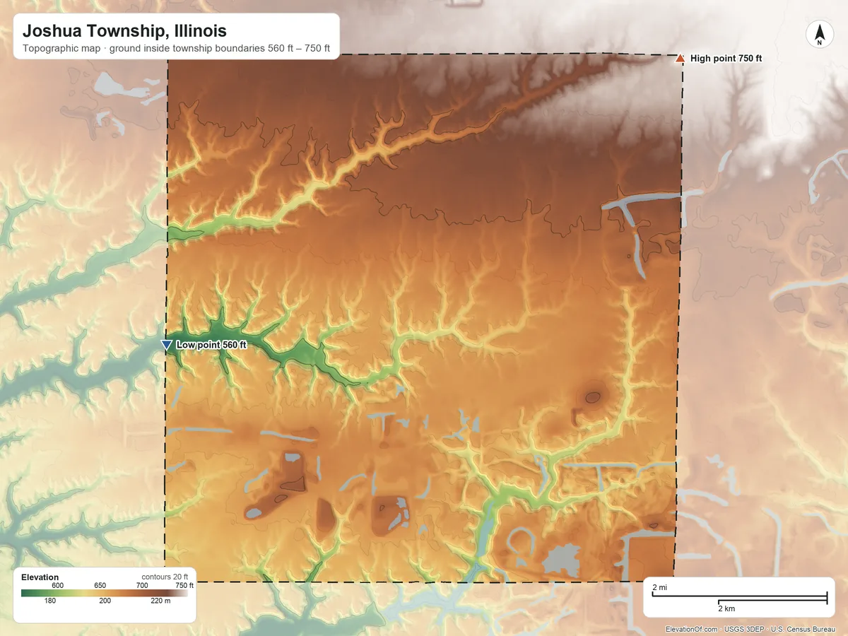 Topographic elevation map of Joshua Township, Illinois, shaded from 560 ft on the west side to 750 ft on the northeast side