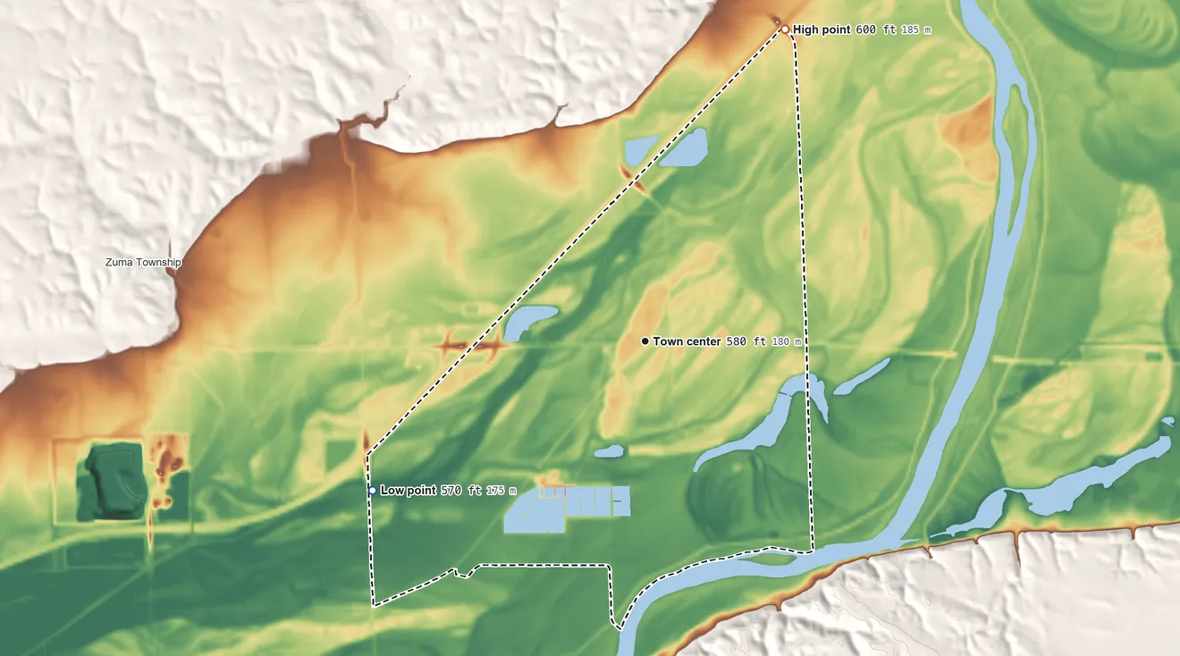 Topographic elevation map of Joslin, Illinois, shaded from 570 ft on the southwest side to 600 ft on the northeast side
