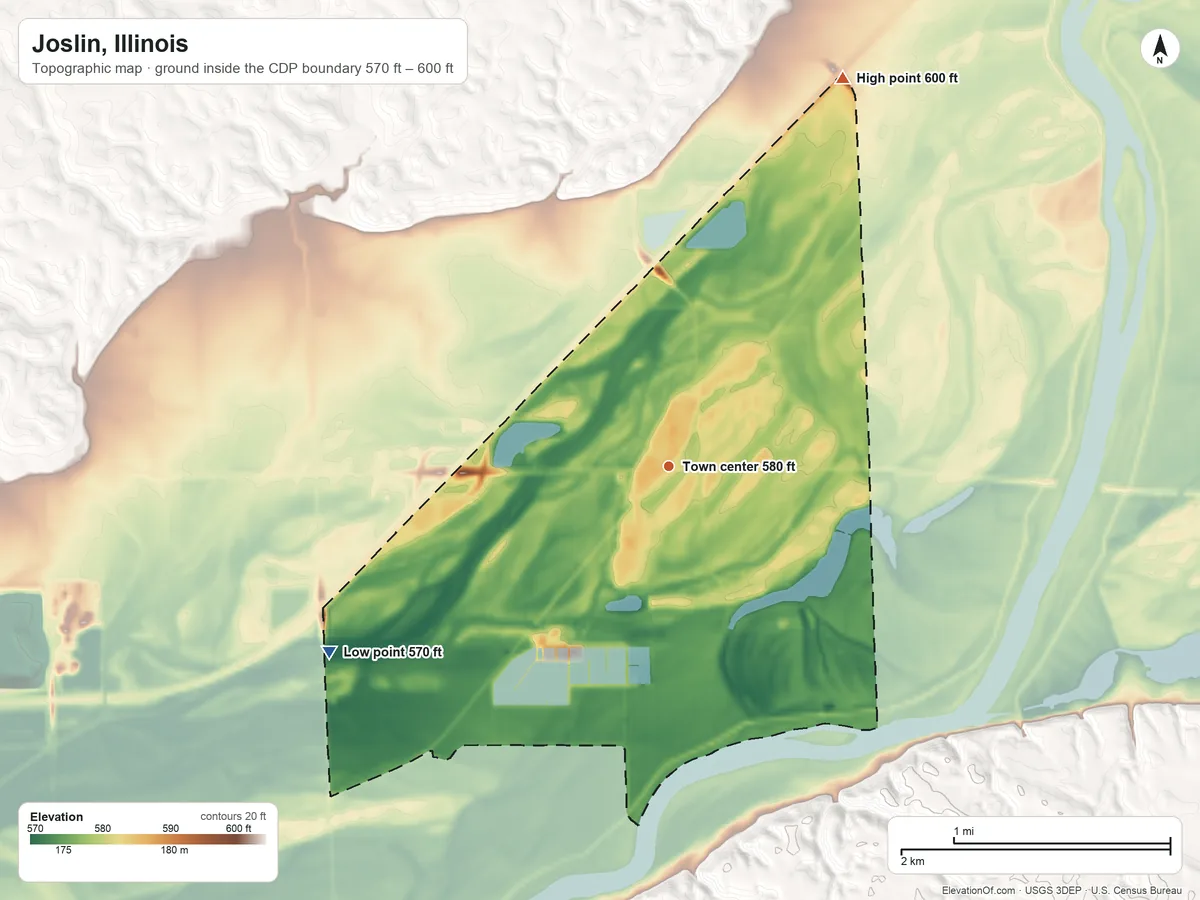 Topographic elevation map of Joslin, Illinois, shaded from 570 ft on the southwest side to 600 ft on the northeast side