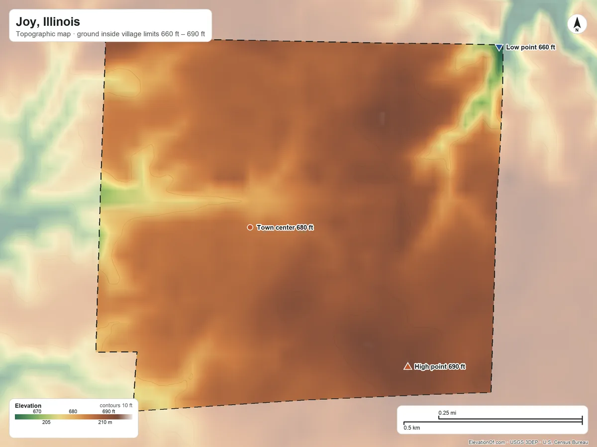 Topographic elevation map of Joy, Illinois, shaded from 660 ft on the northeast side to 690 ft on the southeast side