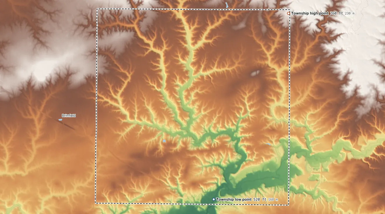 Topographic elevation map of Jubilee Township, Illinois, shaded from 520 ft on the south side to 760 ft on the northeast side