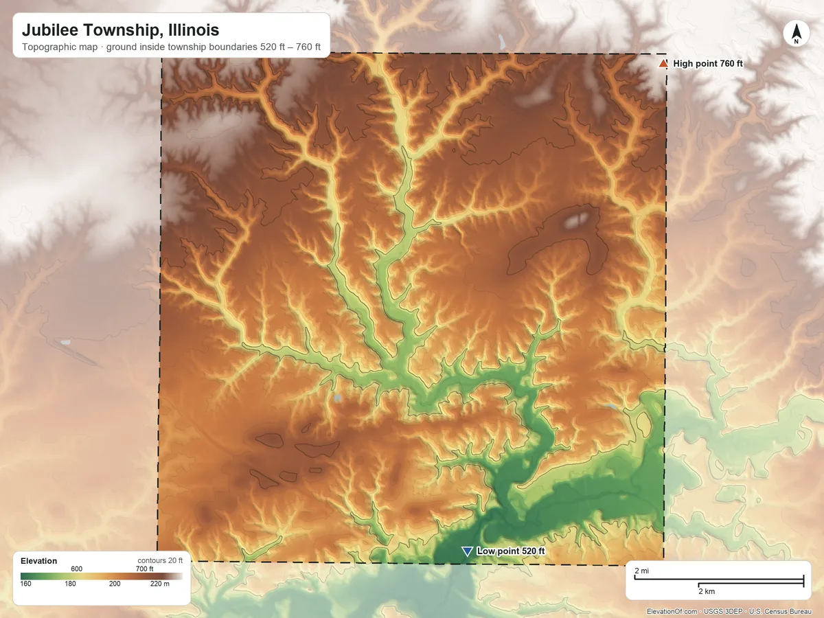Topographic elevation map of Jubilee Township, Illinois, shaded from 520 ft on the south side to 760 ft on the northeast side