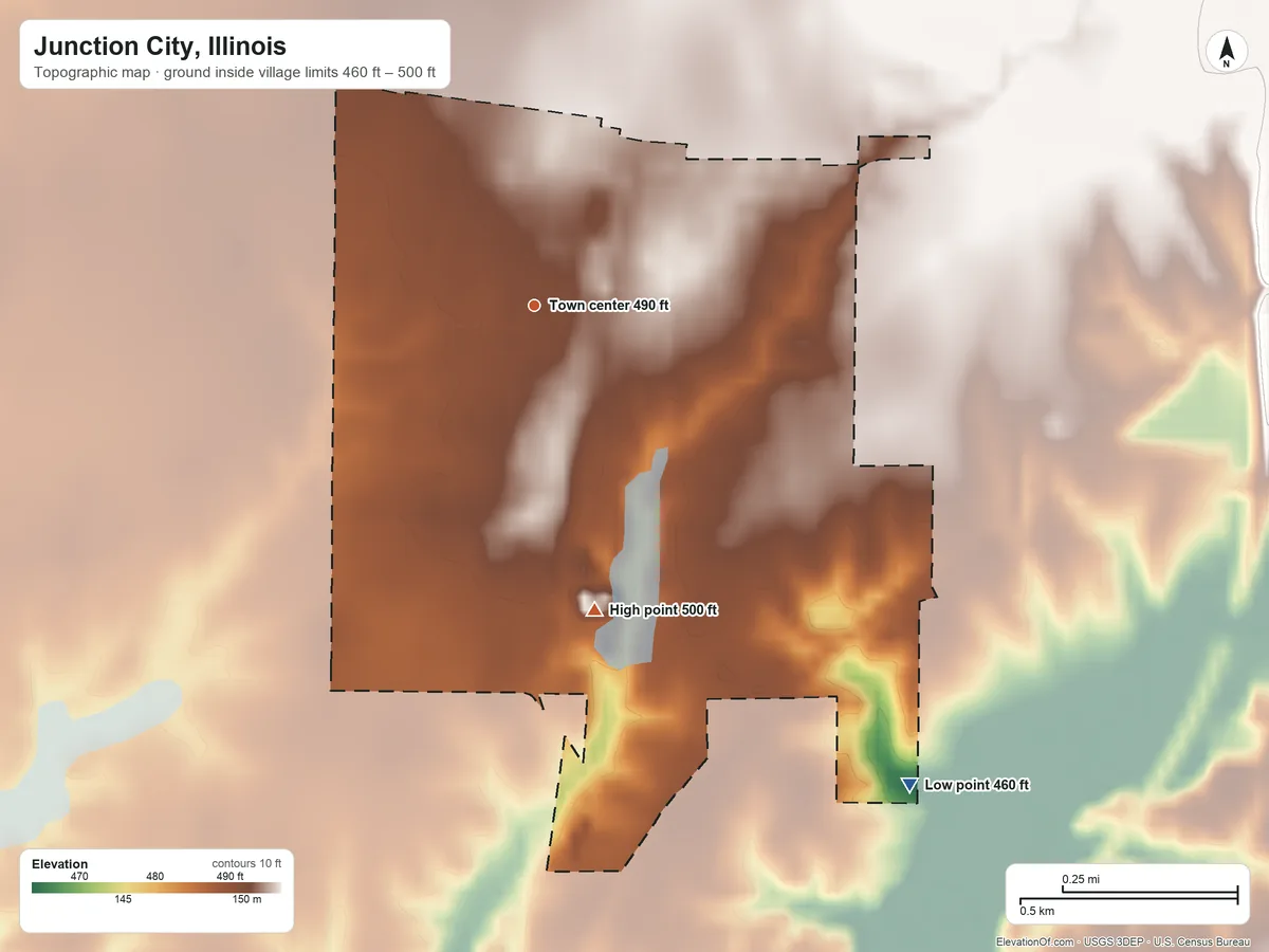 Topographic elevation map of Junction City, Illinois, shaded from 460 ft on the southeast side to 500 ft on the south side