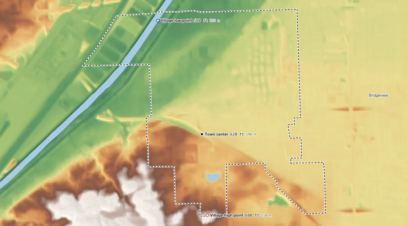 Topographic elevation map of Justice, Illinois, shaded from 580 ft on the north side to 680 ft on the south side