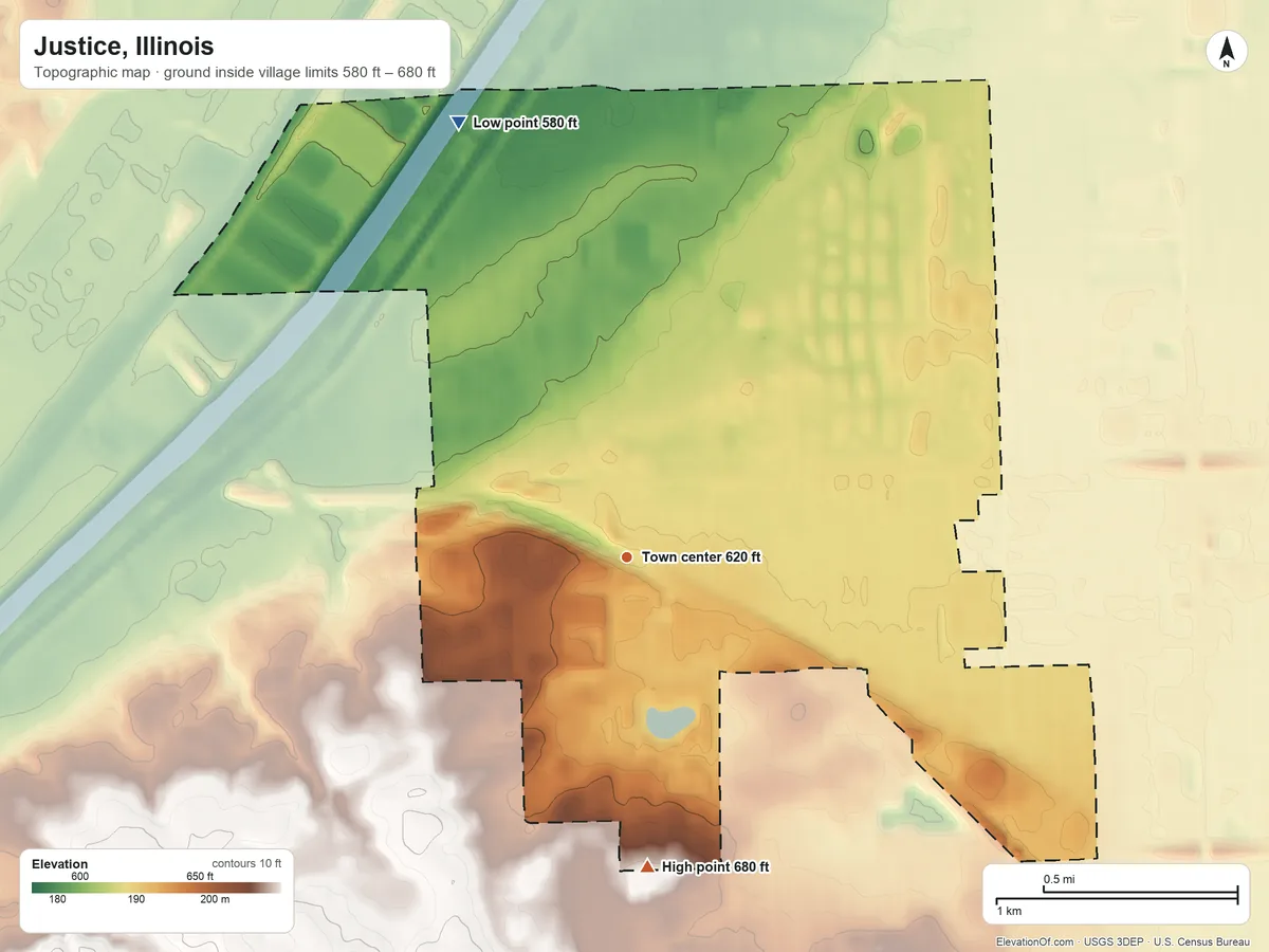 Topographic elevation map of Justice, Illinois, shaded from 580 ft on the north side to 680 ft on the south side