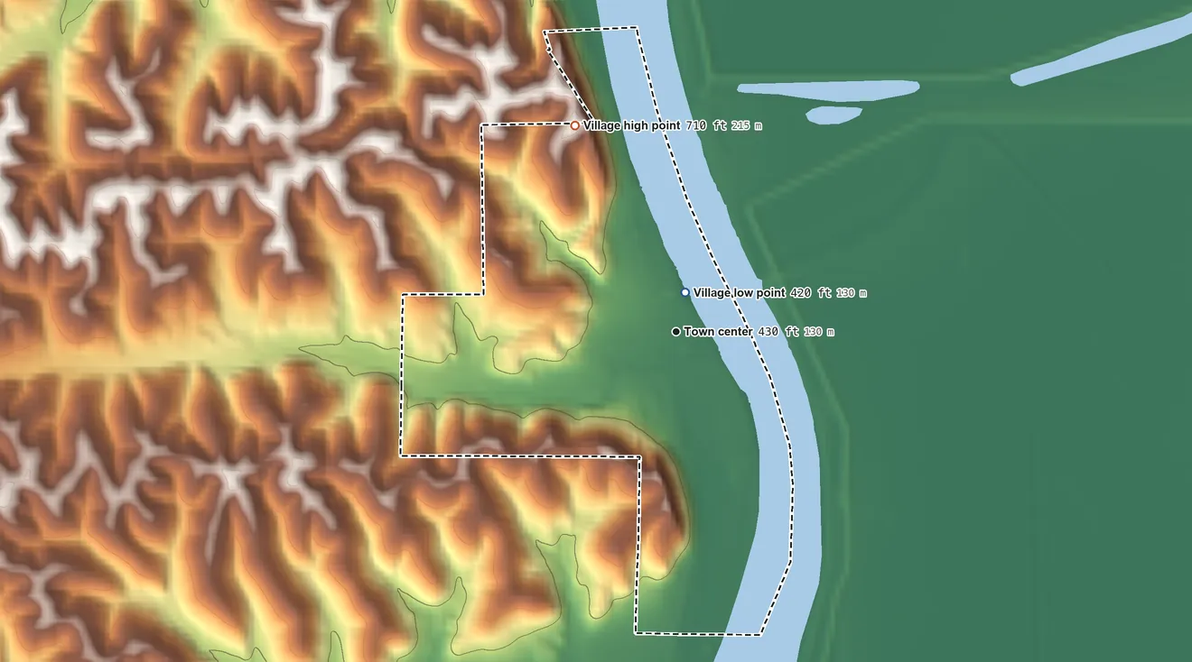 Topographic elevation map of Kampsville, Illinois, shaded from 420 ft near the middle to 710 ft on the northwest side