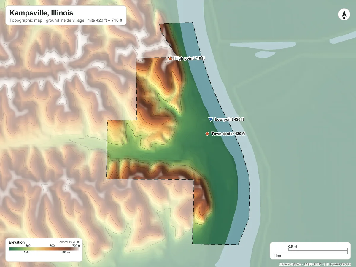 Topographic elevation map of Kampsville, Illinois, shaded from 420 ft near the middle to 710 ft on the northwest side