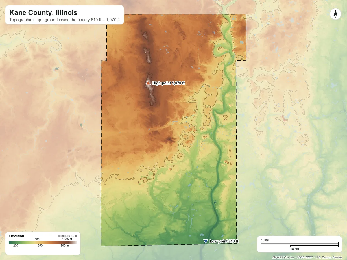 Topographic elevation map of Kane County, Illinois, shaded from 610 ft on the south side to 1,070 ft on the northwest side