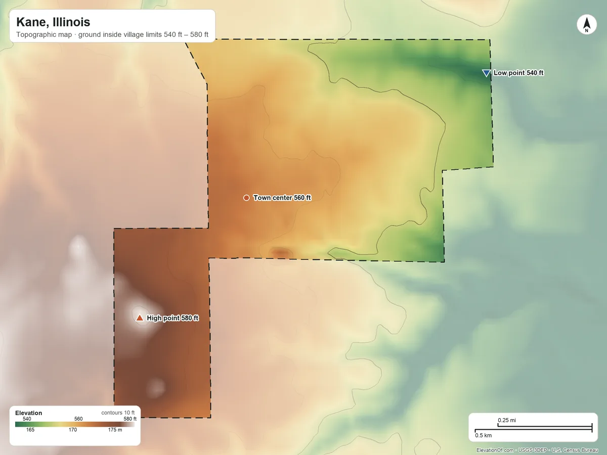 Topographic elevation map of Kane, Illinois, shaded from 540 ft on the northeast side to 580 ft on the southwest side