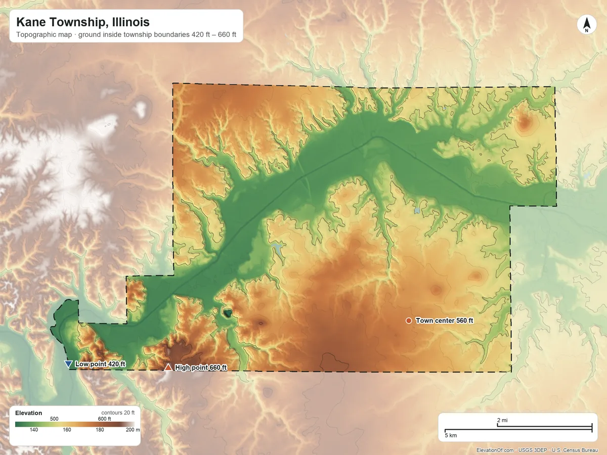 Topographic elevation map of Kane Township, Illinois, shaded from 420 ft on the west side to 660 ft on the west side