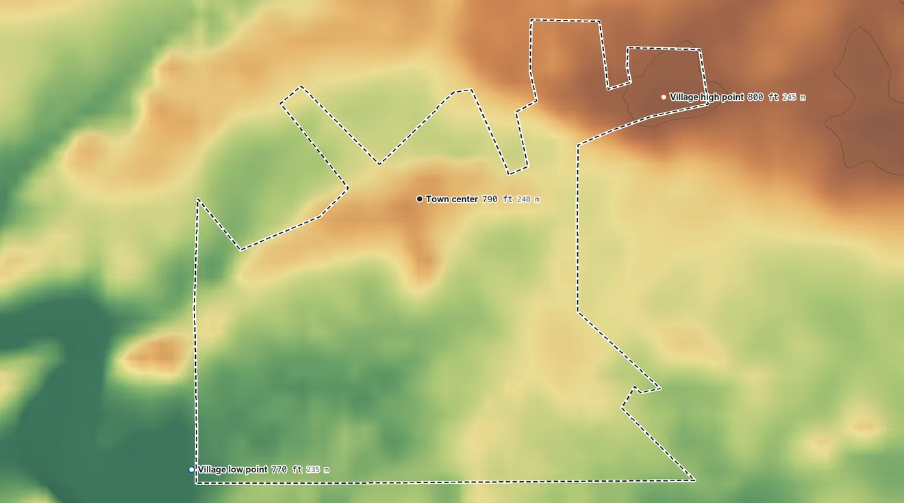 Topographic elevation map of Kaneville, Illinois, shaded from 770 ft on the southwest side to 800 ft on the northeast side