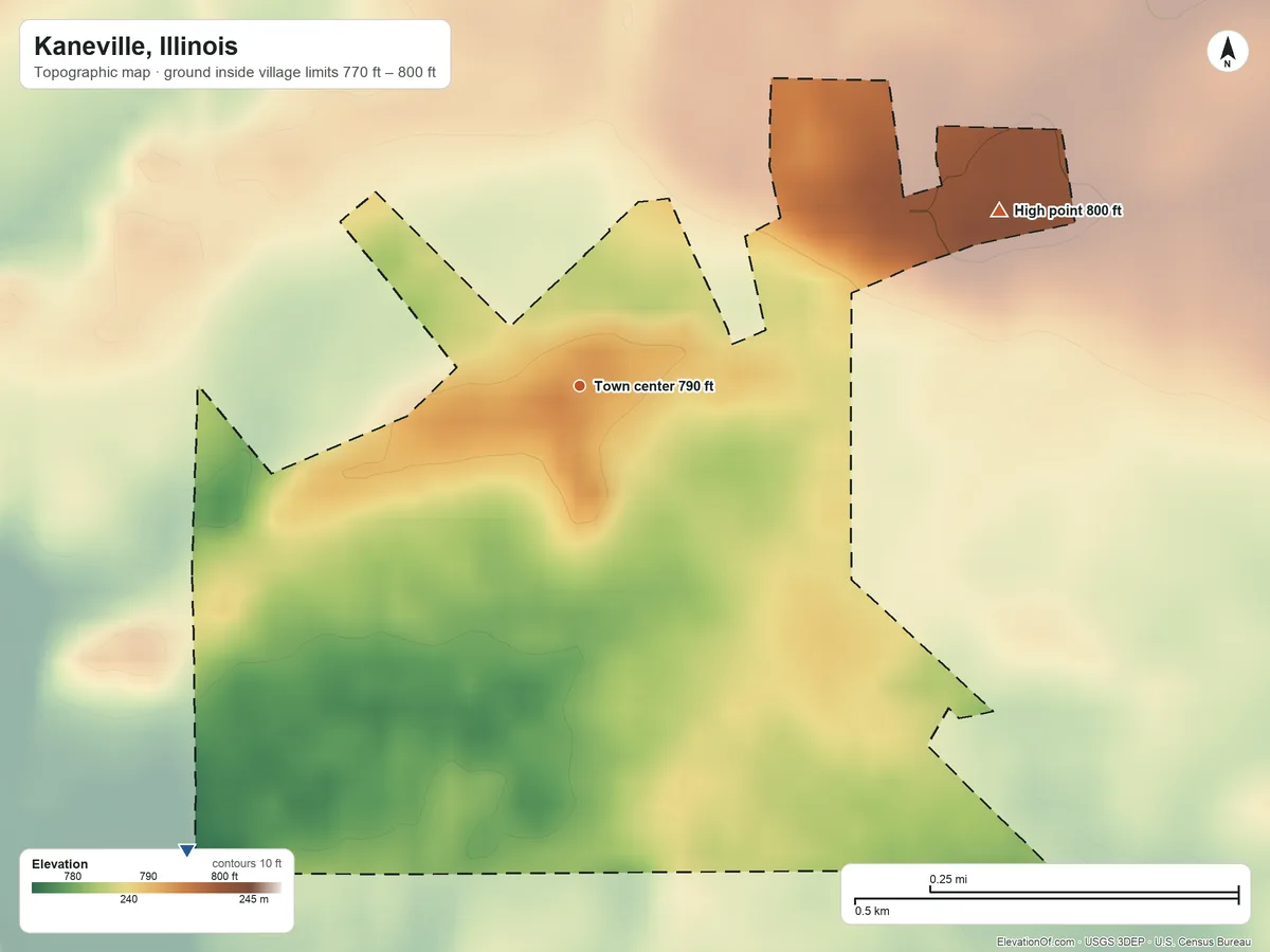 Topographic elevation map of Kaneville, Illinois, shaded from 770 ft on the southwest side to 800 ft on the northeast side