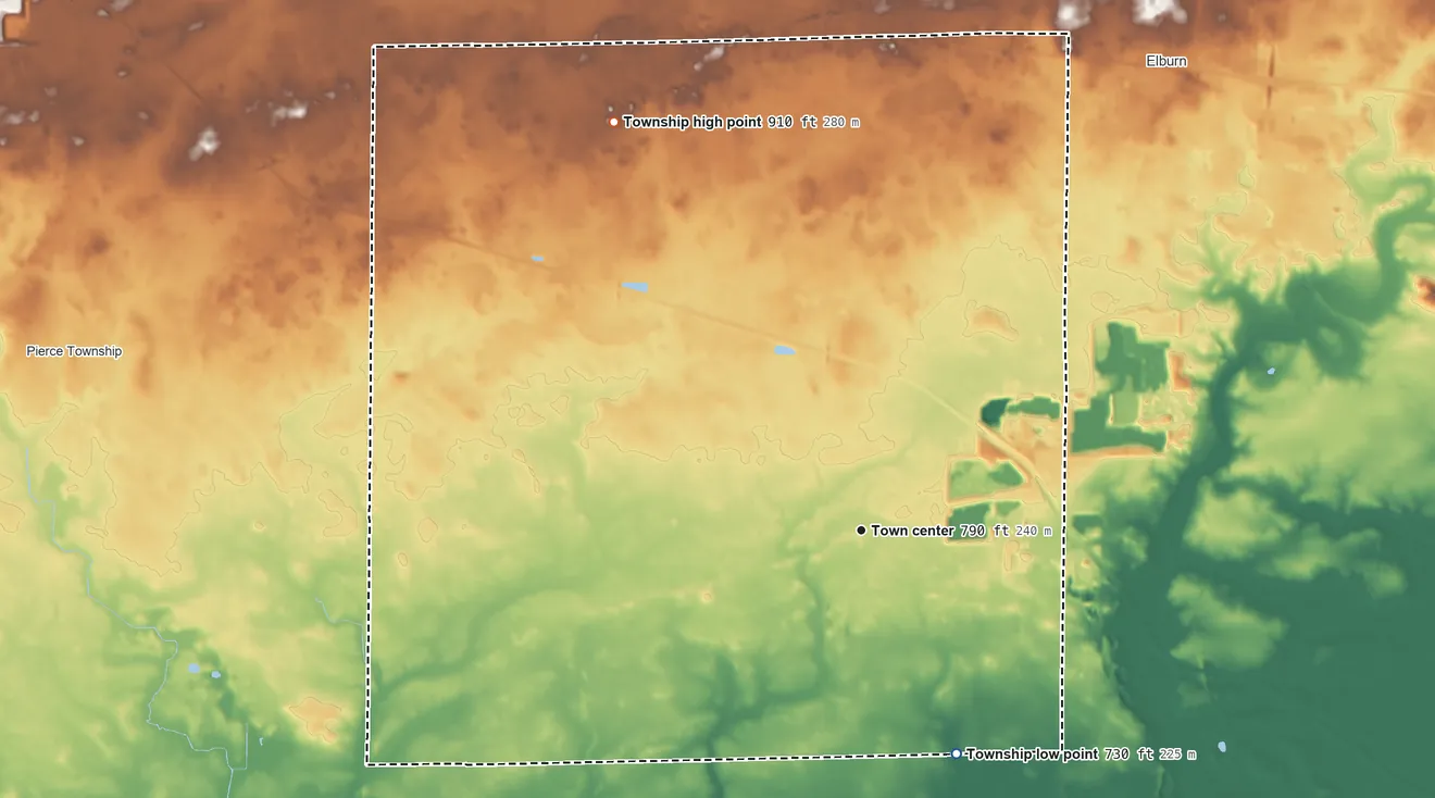 Topographic elevation map of Kaneville Township, Illinois, shaded from 730 ft on the southeast side to 910 ft on the northwest side